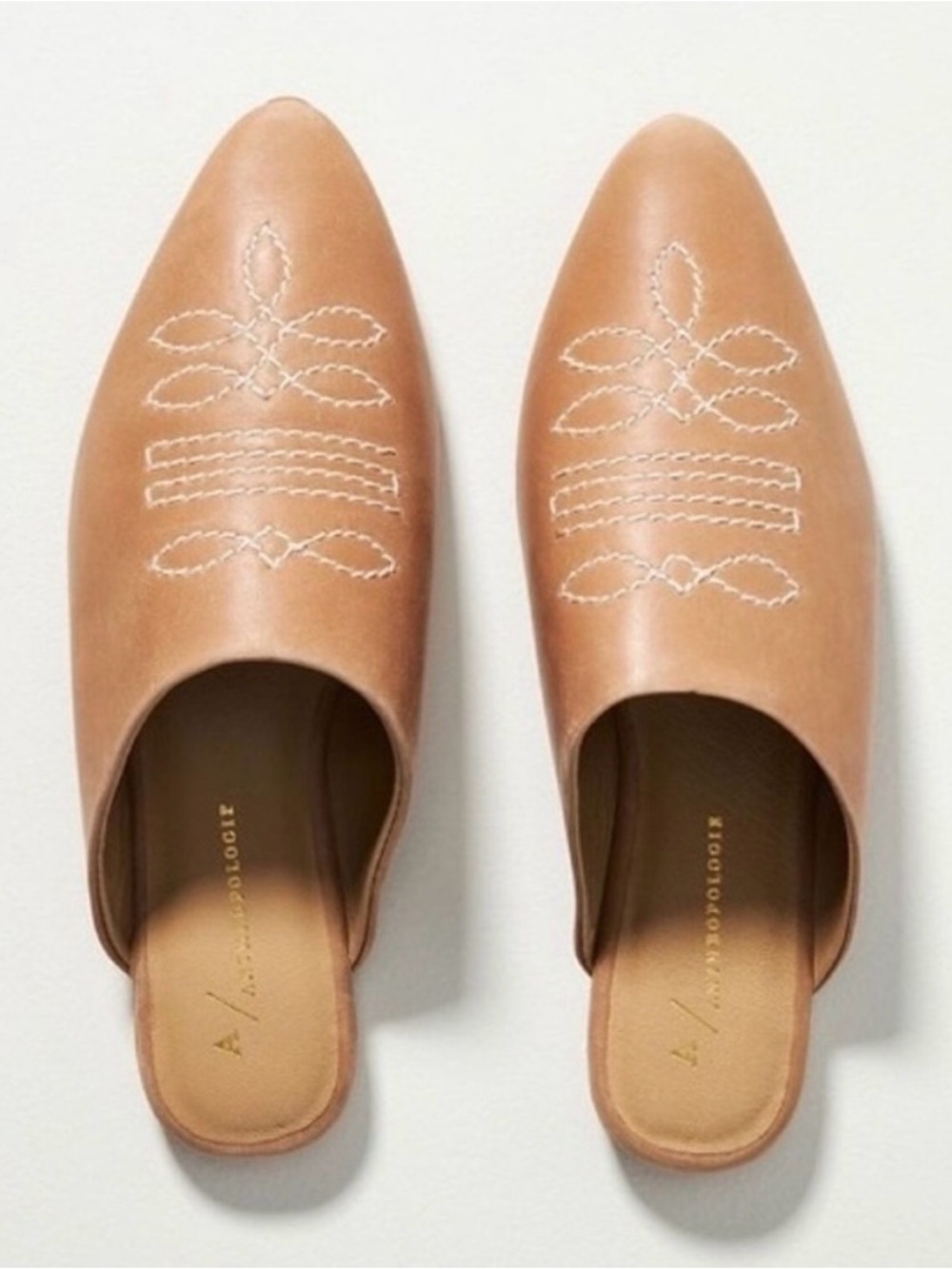Anthropologie Tan Leather Embroidered Slip-On Mules